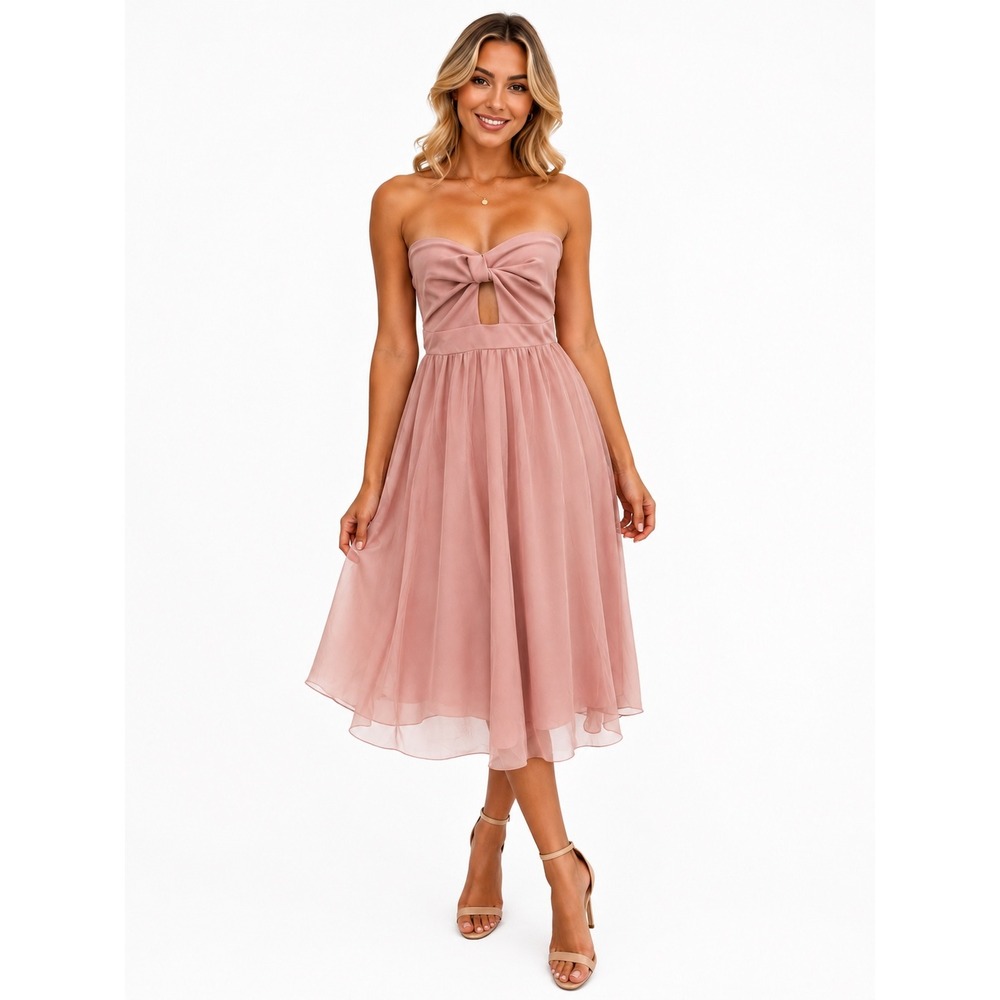ASOS Strapless Tulle Midi Dress 8 Blush Pink‎ Knot Cutout Prom Bridesmaid Fairy